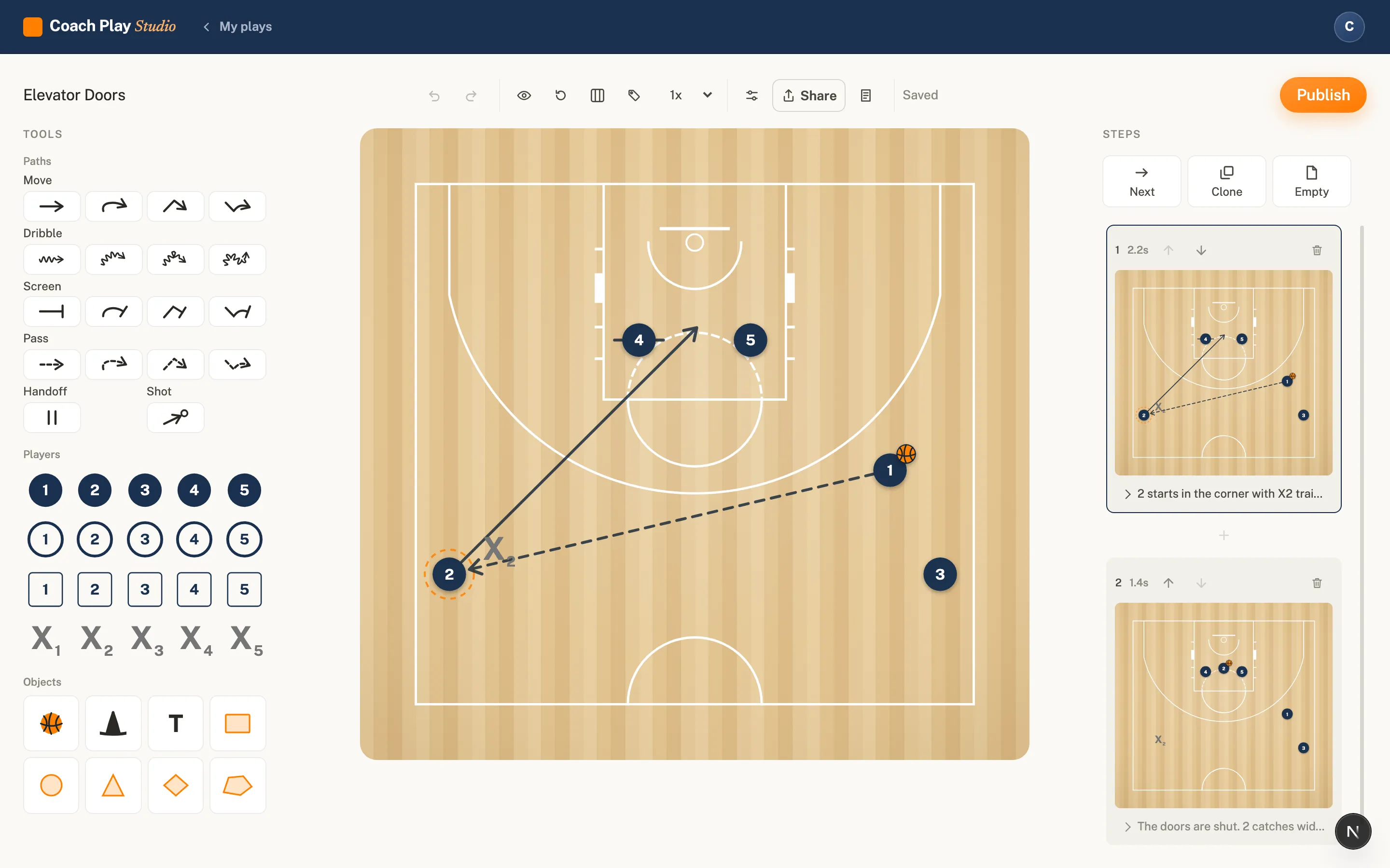 The Coach Play Studio editor with a play mid-draw: players on a half court, a ball screen path, and the step strip below