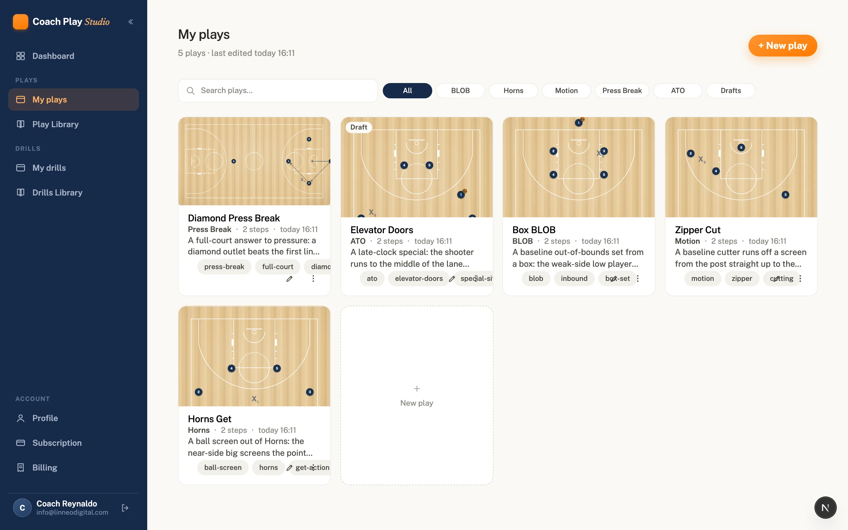 A designed playbook in Coach Play Studio: plays as diagram cards, filed by category, with drafts alongside