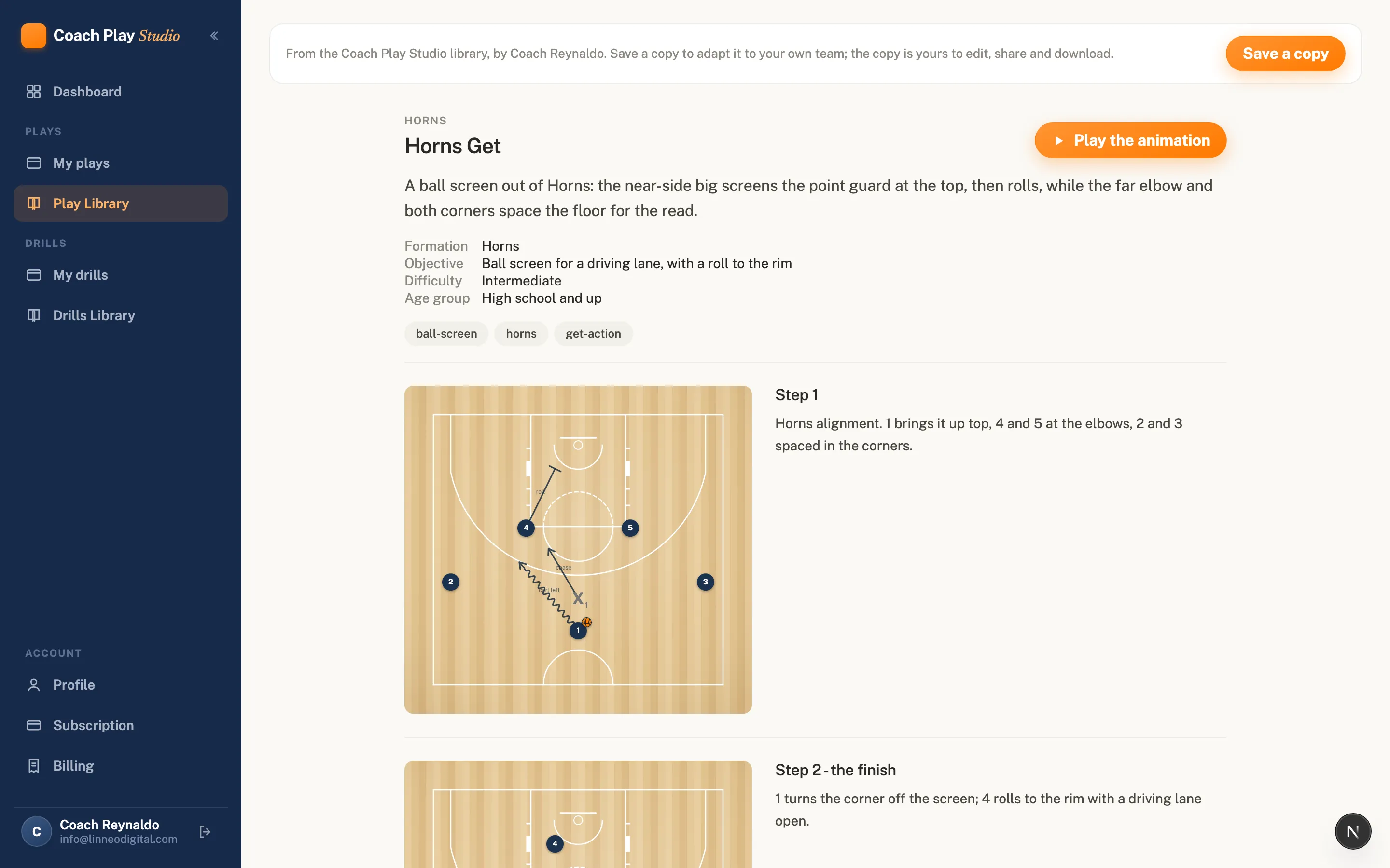Horns Get in the Play Library: the diagram, the description, the tags, and the animation ready to run