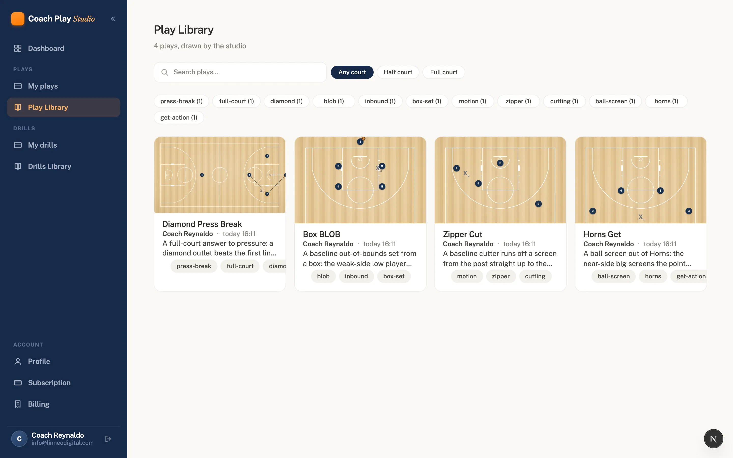 The Play Library in Coach Play Studio: published plays as diagram cards with tags, search and court filters