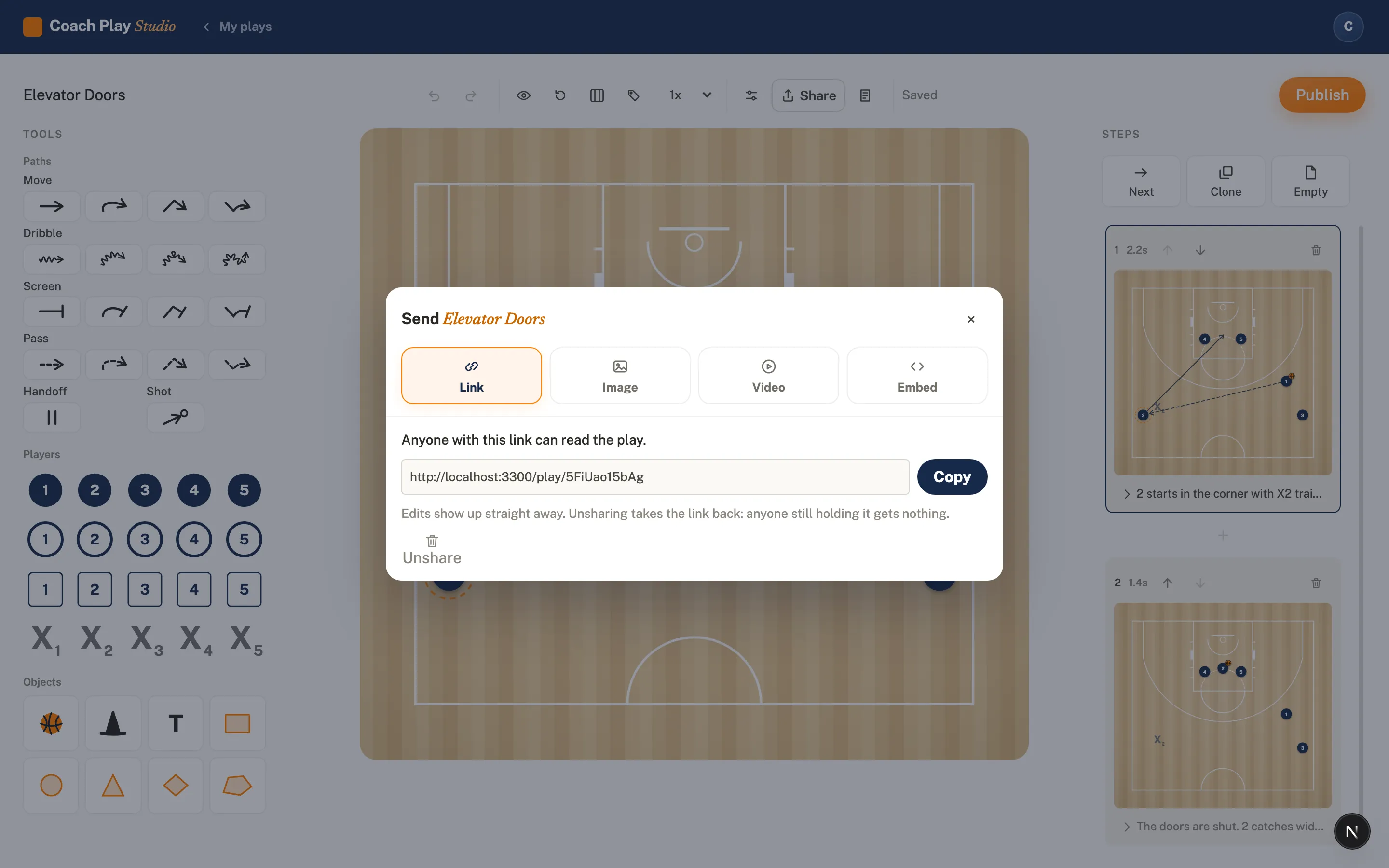 The Send dialog with a live share link and tabs for Link, Image, Video and Embed